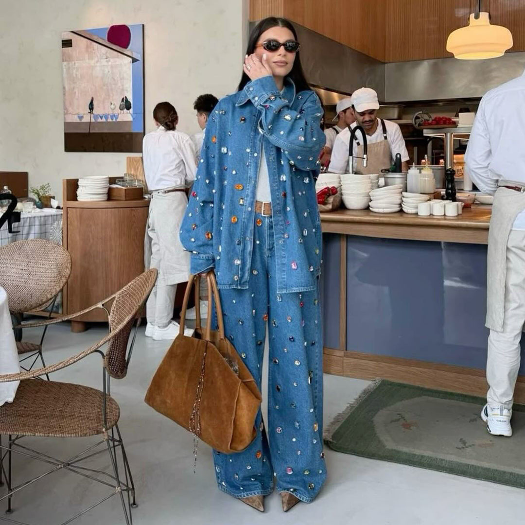 Denim set for women with colorful appliqués and a loose fit Lune London