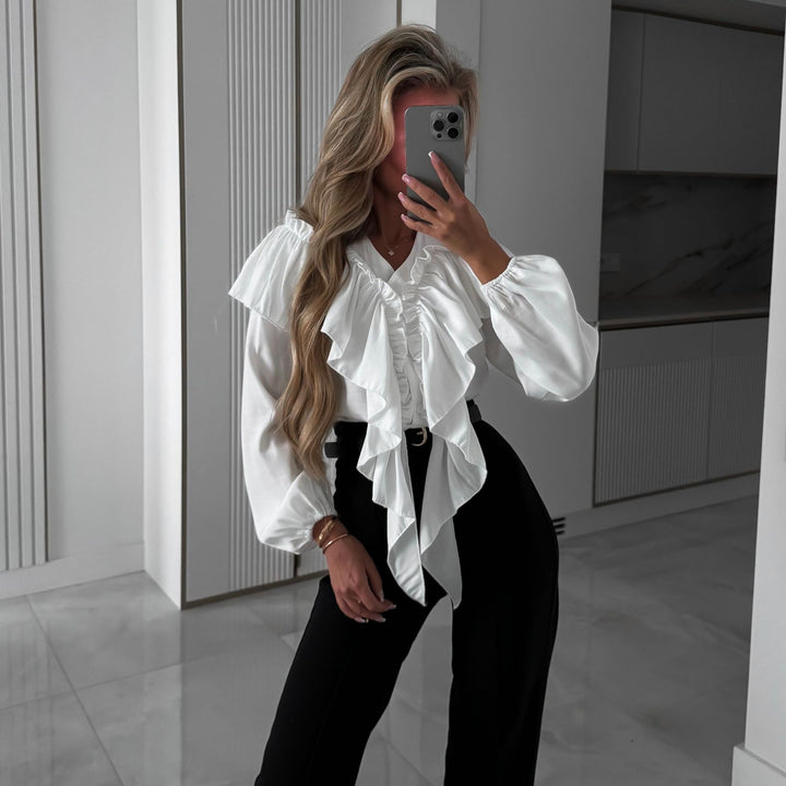 Women Elegant Blouse Top with Voluminous Ruffles and Flattering Cut Lune London