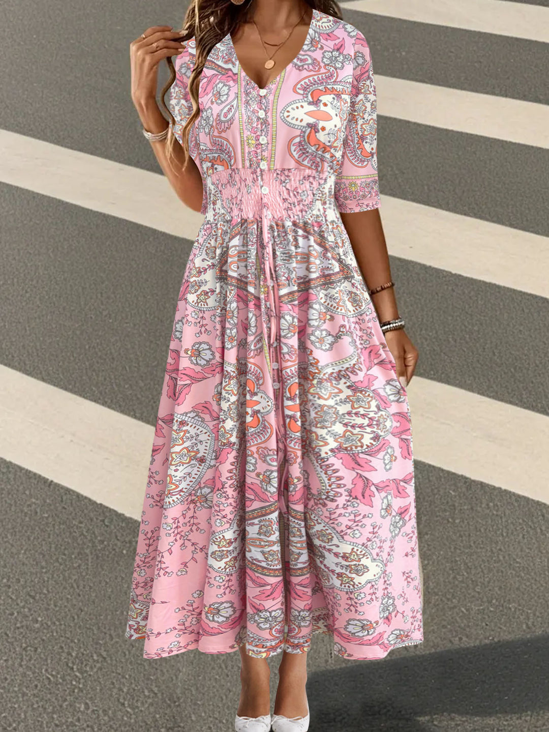 Maxi dress for ladies with paisley floral pattern and flattering V-neck Lune London