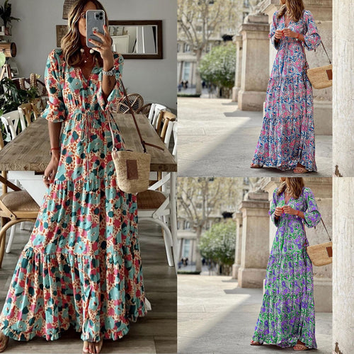 Maxi dress for women with a delicate paisley pattern and an elegant button placket Lune London