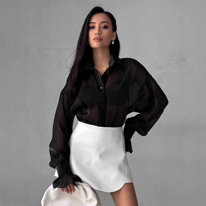 Women's Transparent Blouse with Voluminous Sleeves and Elegant Ruffle Details Chic Und Stil