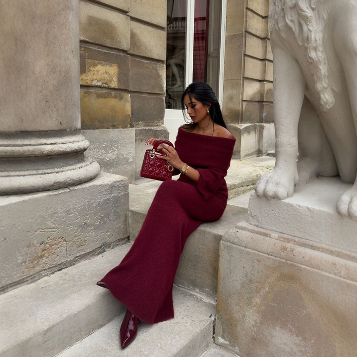 Maxi knit dress for women with off-shoulder neckline and voluminous sleeves Lune London