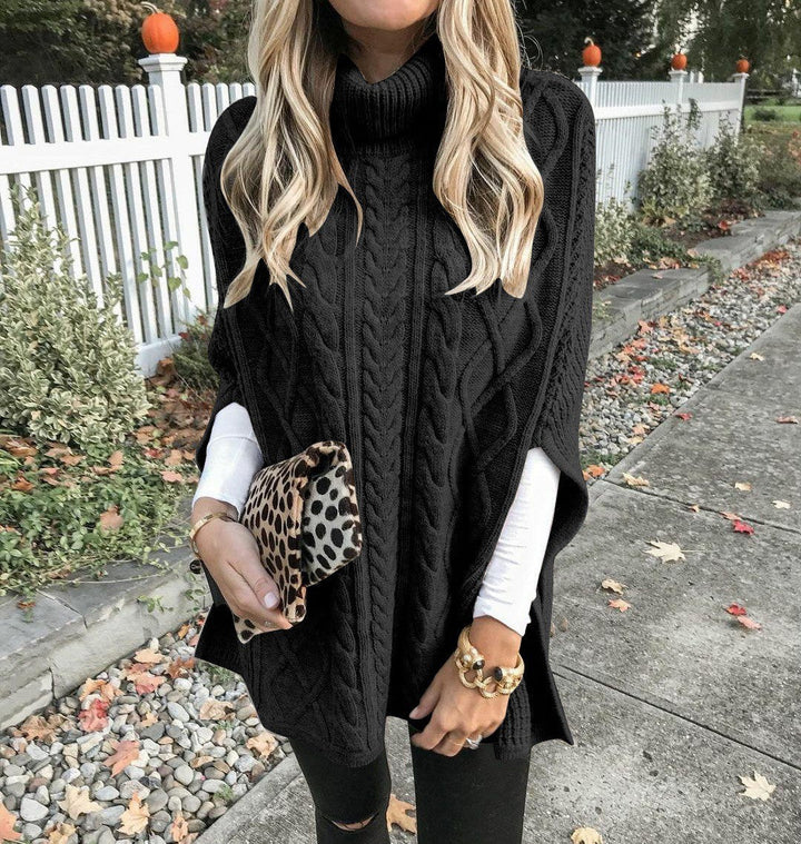 Women's Chunky Knit Poncho with High Collar and Cable Design Lune London