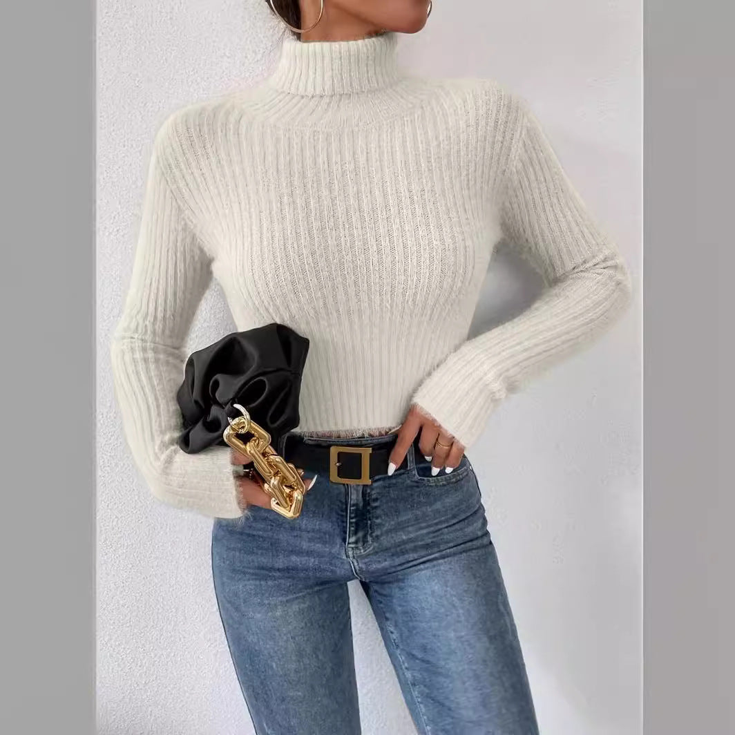 Ladies fine knit sweater with high collar and modern ribbed design Lune London