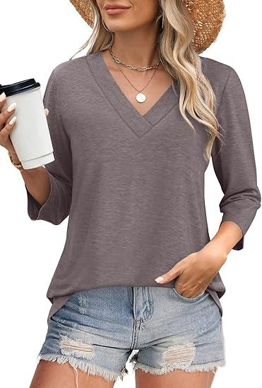 Women's V-Neck Top with Three-Quarter Sleeves and Side Slits Lune London