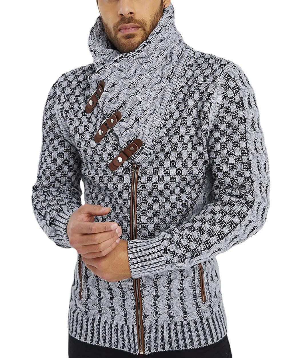 Fashion knit jacket for men with asymmetric zipper and unique cable pattern Lune London