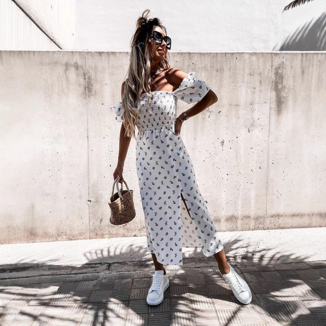 Lune London casual maxi dress for women with elastic top and floral pattern