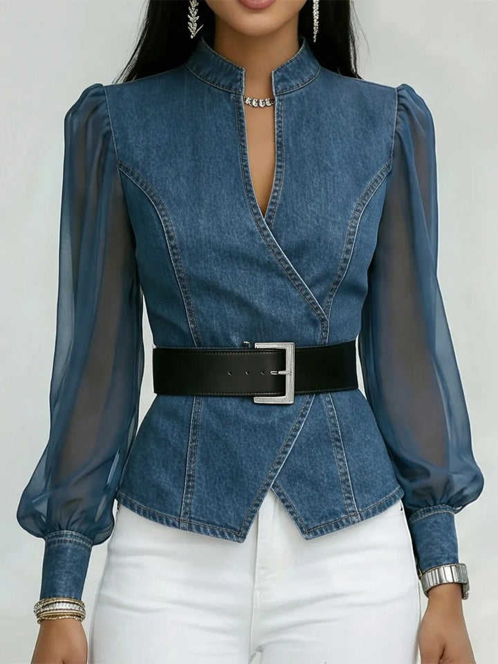 Women’s jeans blouse with transparent sleeves and tailored design Chic & Stil
