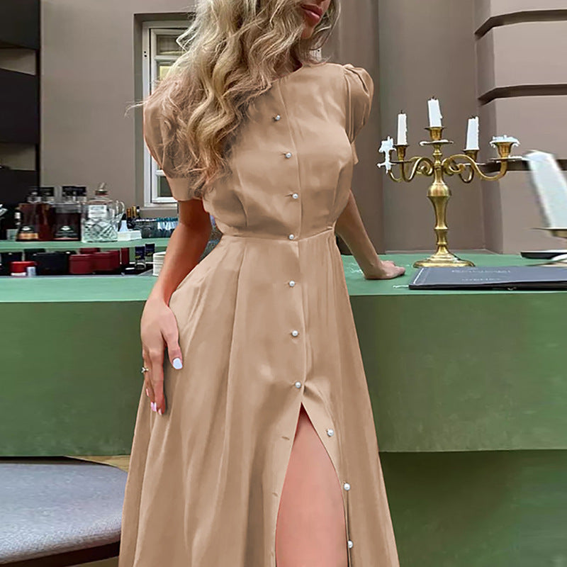 Maxi dress for women with button closure, puff sleeves and side slit Lune London