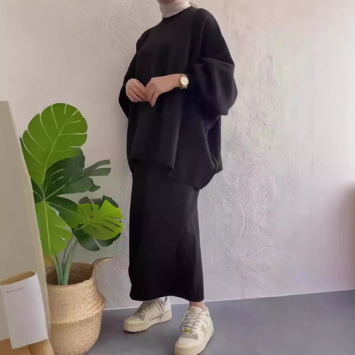 Women's Oversized Sweatshirt with Stylish Chic Midi Skirt