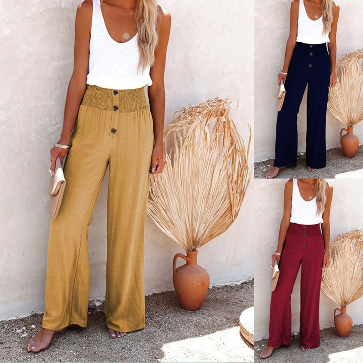 Ladies Elegant Wide Leg Trousers with Button Tab and High Waist Lune London