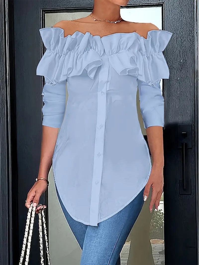 Women's off-shoulder blouse with ruffles and button placket Lune London