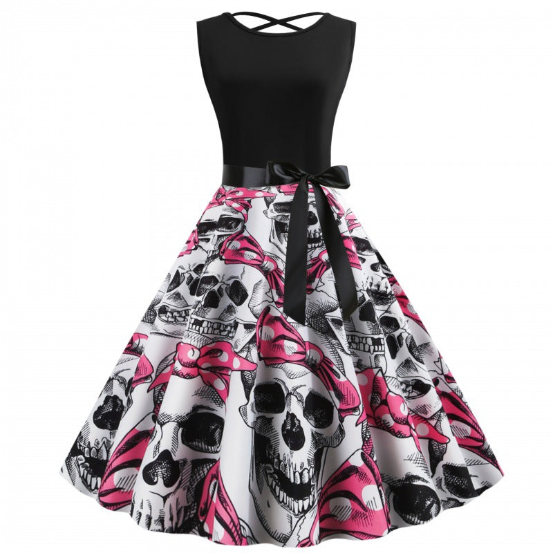 Robe rockabilly pour femmes avec motif de skull et jupe volumineuse Chic & Stil
