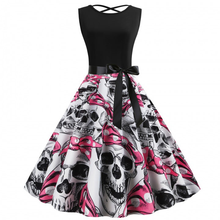 Robe rockabilly pour femmes avec motif de skull et jupe volumineuse Chic & Stil