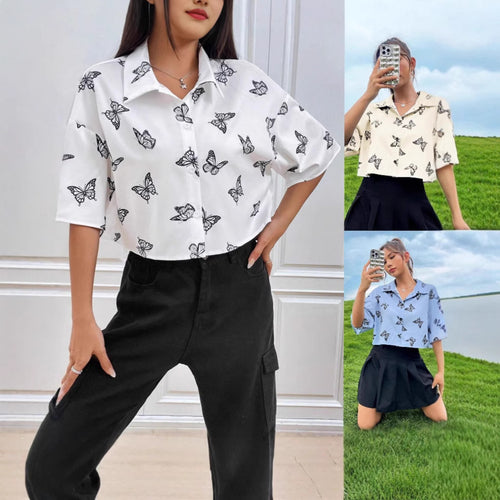 Short sleeve button-up shirt butterfly print Lune London