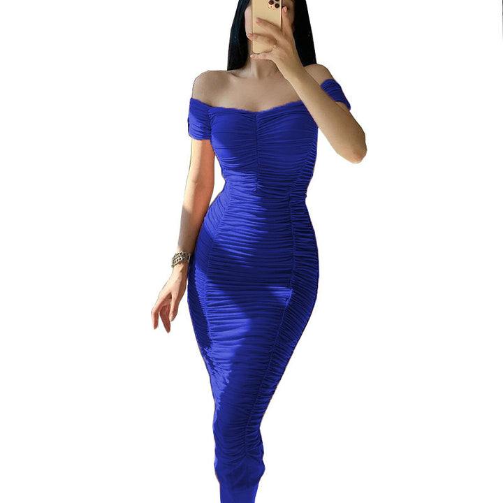 Mini fitted dress for women with Bardot neckline and ruching Lune London