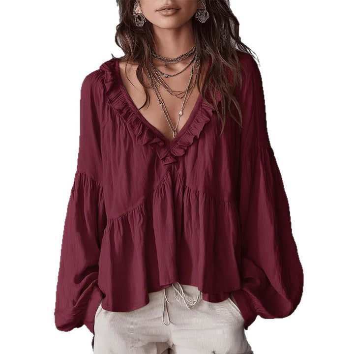 Women's Flowing Top with Ruffled Details and V-Neck Lune London