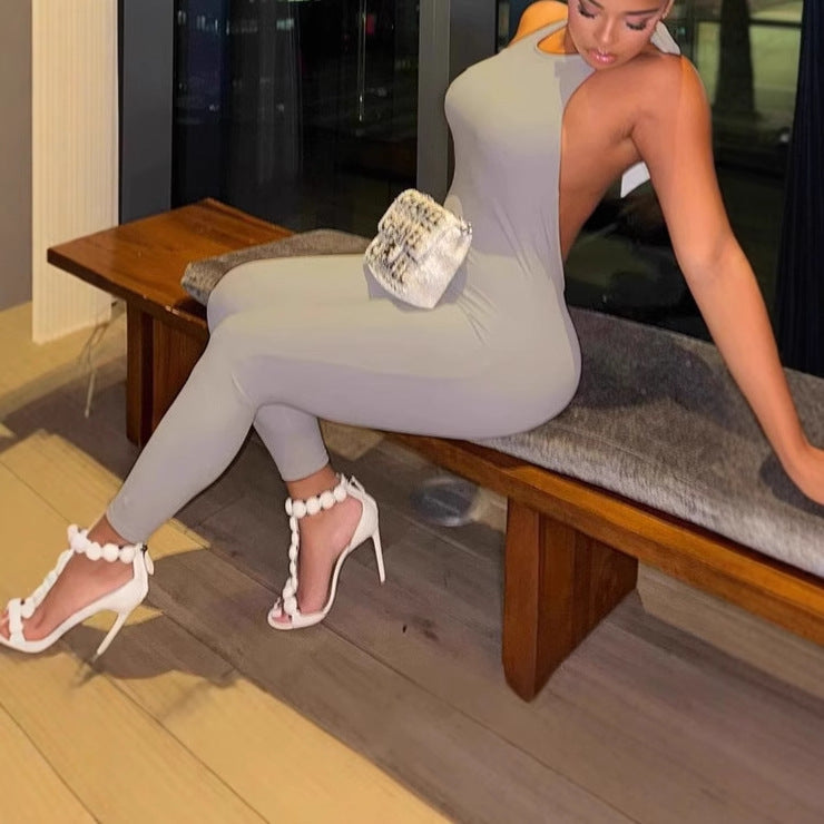 Ladies Elegant Jumpsuit with Deep Back Neckline and Asymmetrical Design Lune London