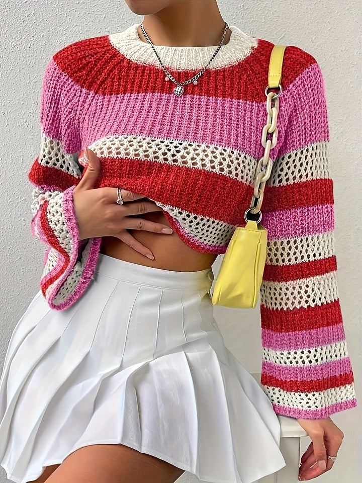 Knitted sweater for women with a playful hollow pattern and colorful stripes Lune London