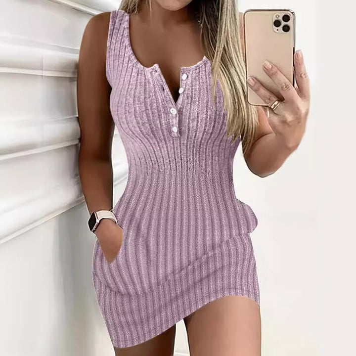Lune London ribbed knit casual mini dress for women with button details