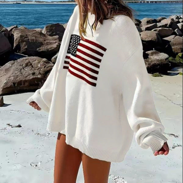 Casual plush sweater for ladies with a large American flag pattern Lune London