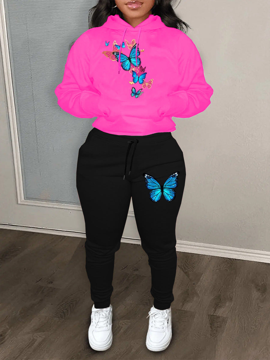 Hooded sweatshirt and jogging pants set for women with colorful butterfly pattern Lune London