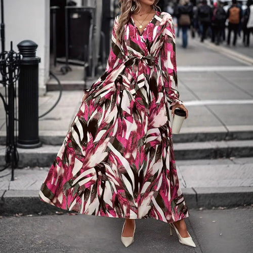 Ladies Elegant Maxi Dress with Floral Print and Chic Belt and Style