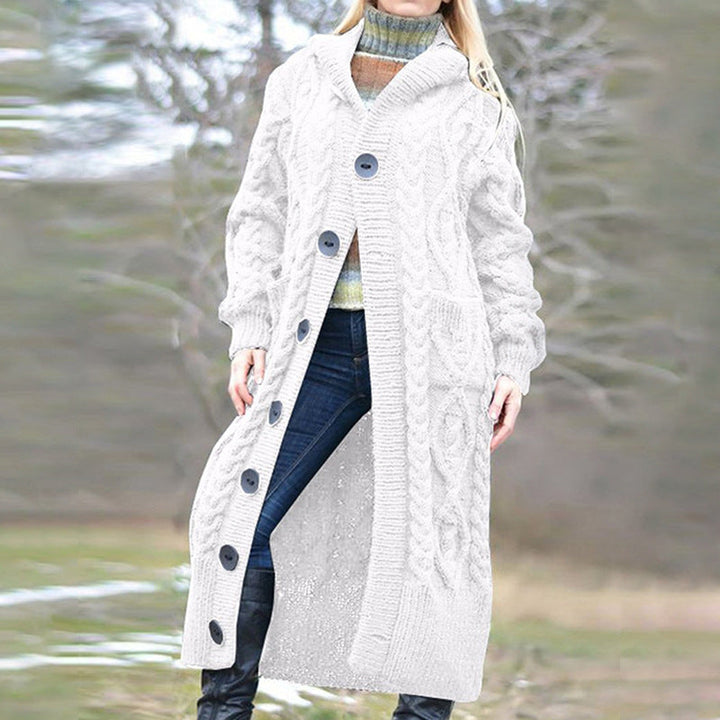 Lune London | Women’s Long Knitted Coat with Hood and Classic Cable Design