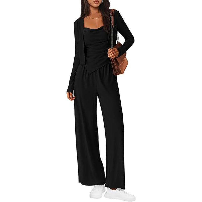 Women Comfortable Jumpsuit with Sleeveless Blouse and Open Cardigan Lune London
