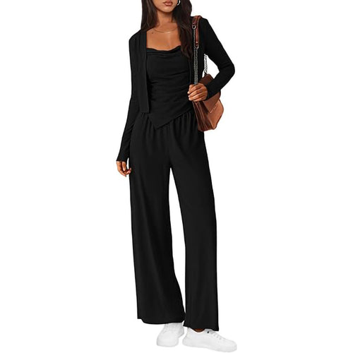 Women Comfortable Jumpsuit with Sleeveless Blouse and Open Cardigan Lune London