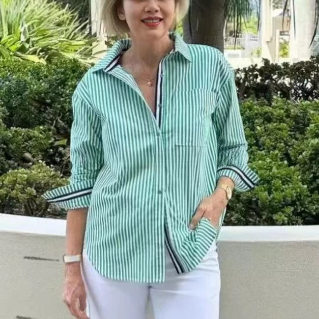 Striped long sleeve blouse for women with hidden button placket and loose fit Lune London