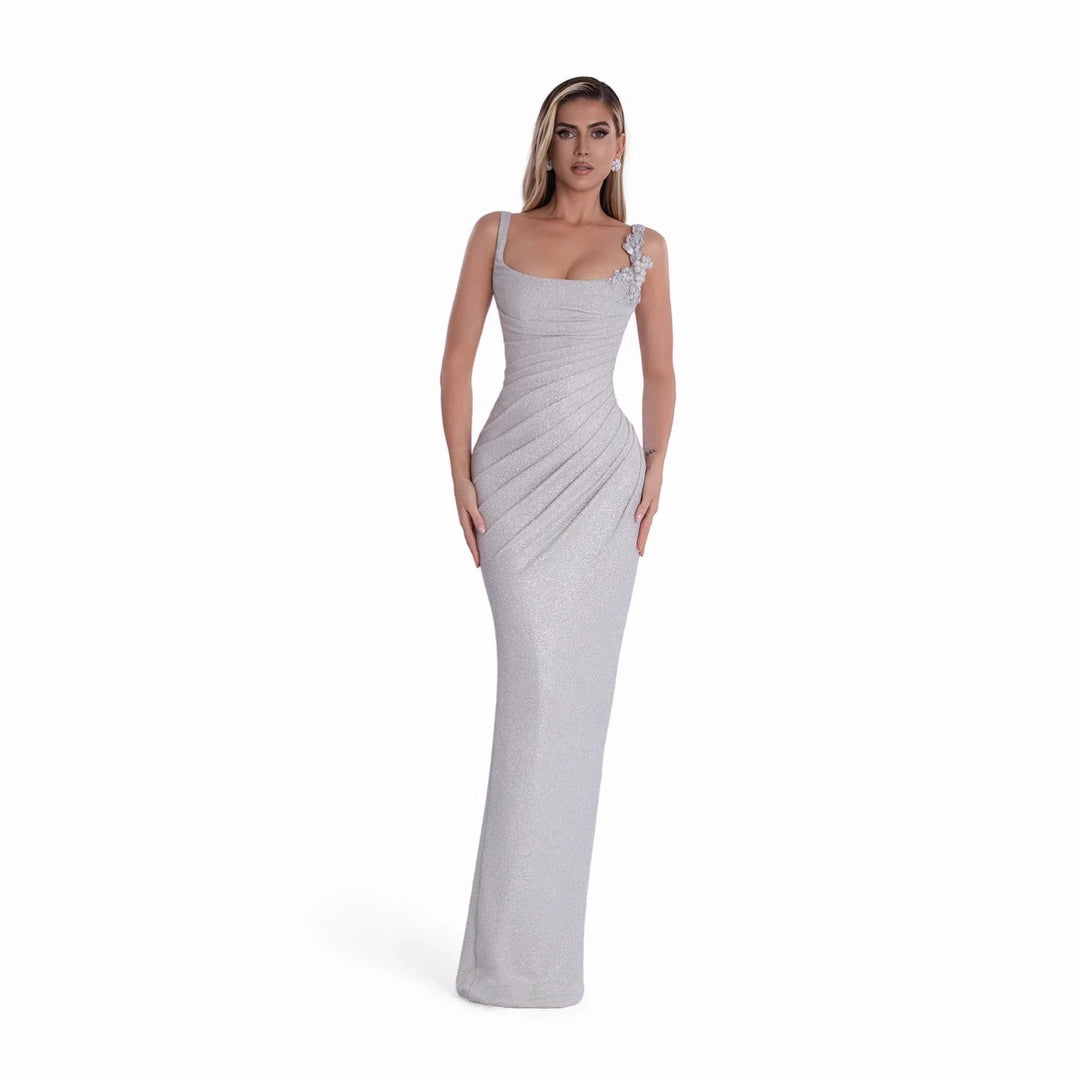 Women's Elegant Evening Dress with Shimmering Wrap Design and Floral Appliqués Lune London