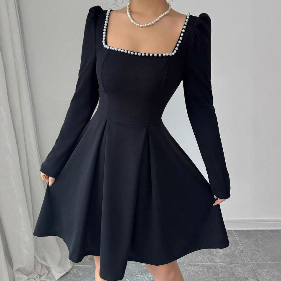 Ladies Elegant Mini Dress with narrow square neckline and fine ruffle trim Lune London