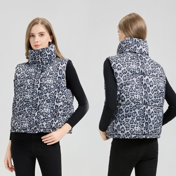 Lady Padded Gilet with Leopard Print and High Collar Lune London