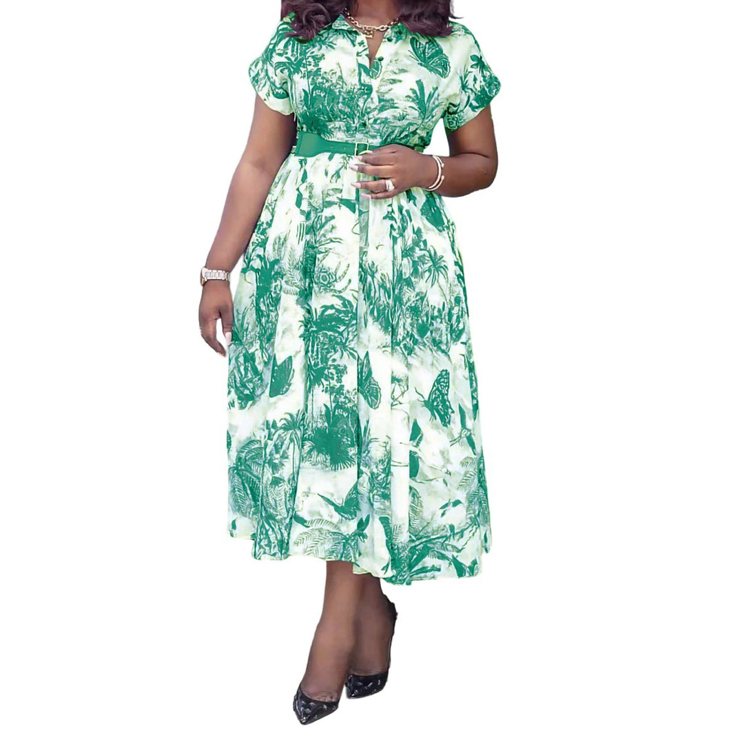 Maxi dress for women with botanical print and fitted belt Lune London