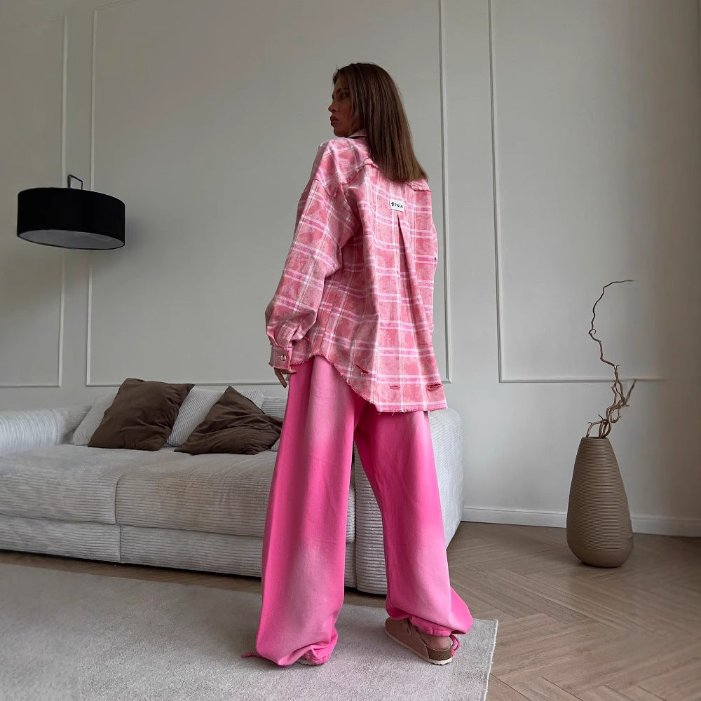 Oversized shirt for women with a casual checkered design and fringes Lune London