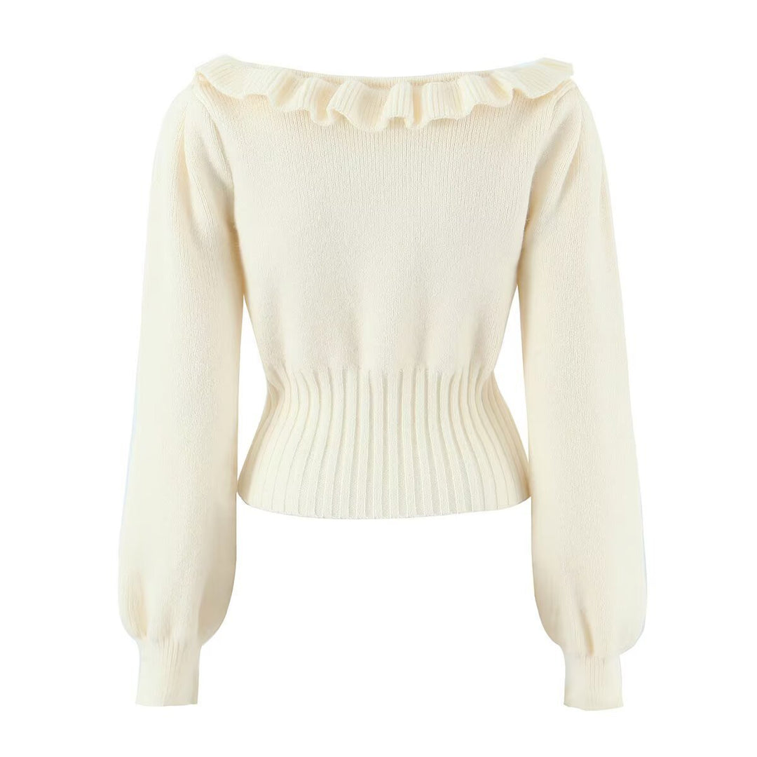 Elegant knit sweater for ladies with ruffle details and drawstring Lune London