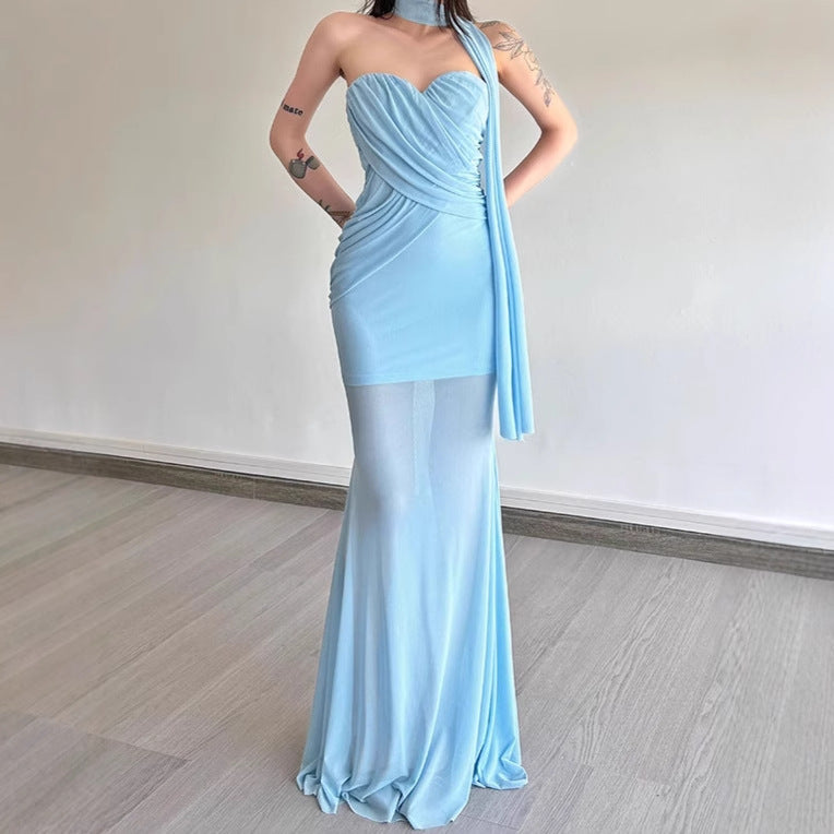 Elegant maxi dress for women with asymmetric neckline and sculpting design. Lune London