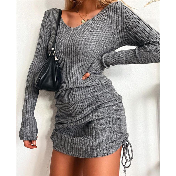 Ribbed knit dress for women with deep V-neck and adjustable ruching Lune London