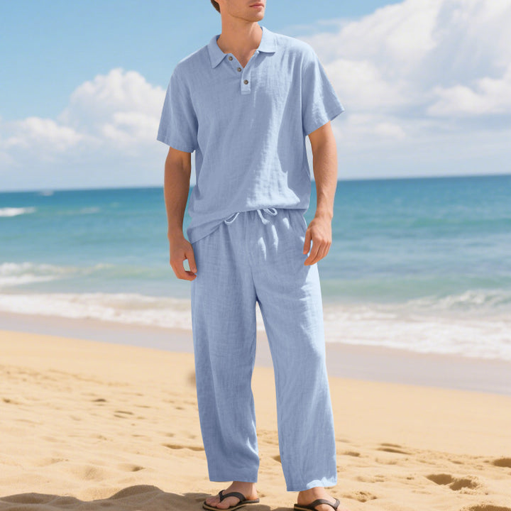 Tenue d'été décontractée pour hommes avec polo en coton de haute qualité à manches courtes et pantalons en lin confortables Lune London