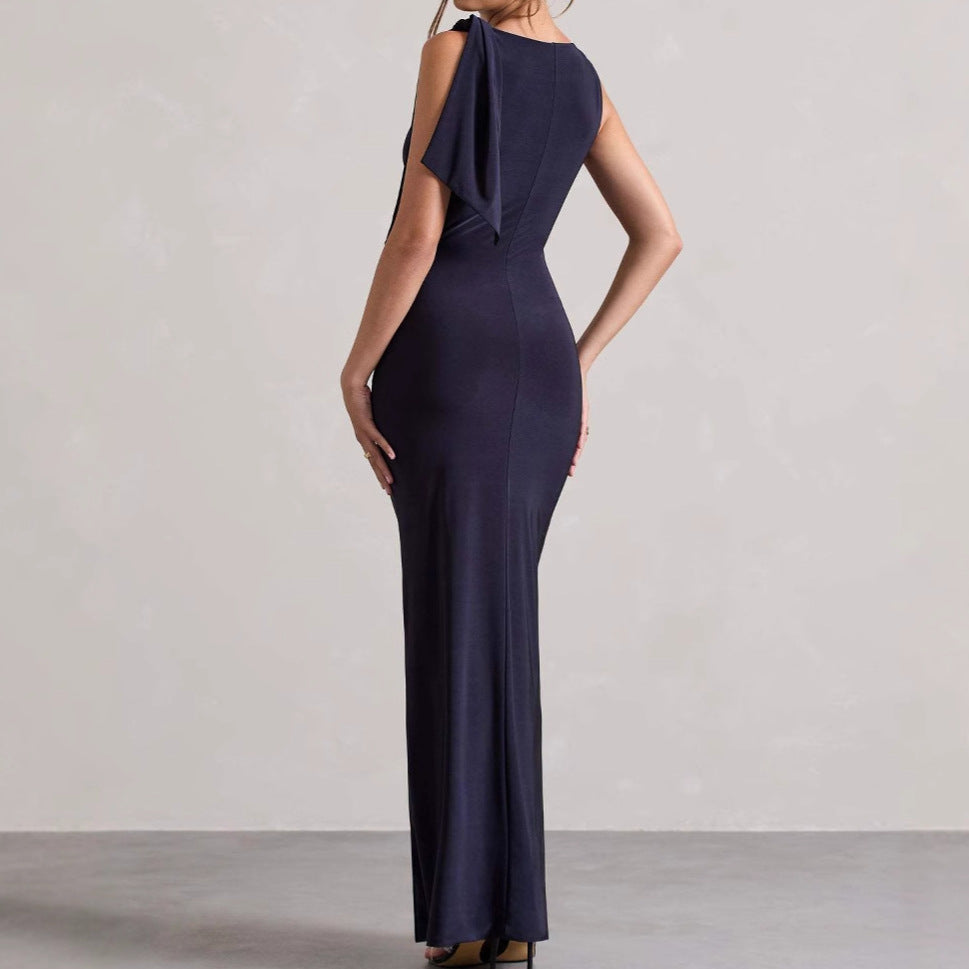 Ladies Elegant Maxi Dress with Asymmetric Strap and Fitted Cut Lune London
