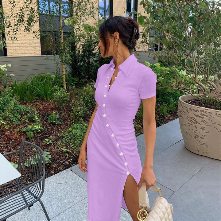 Short-sleeved button-up midi dress with side slit Lune London