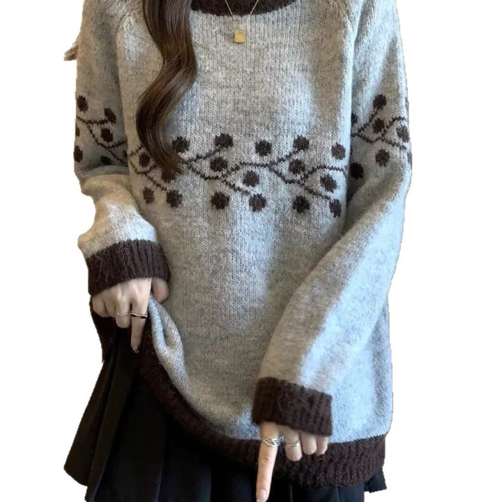Pull doux en tricot pour femmes avec motif floral et détails en dentelle contrastés