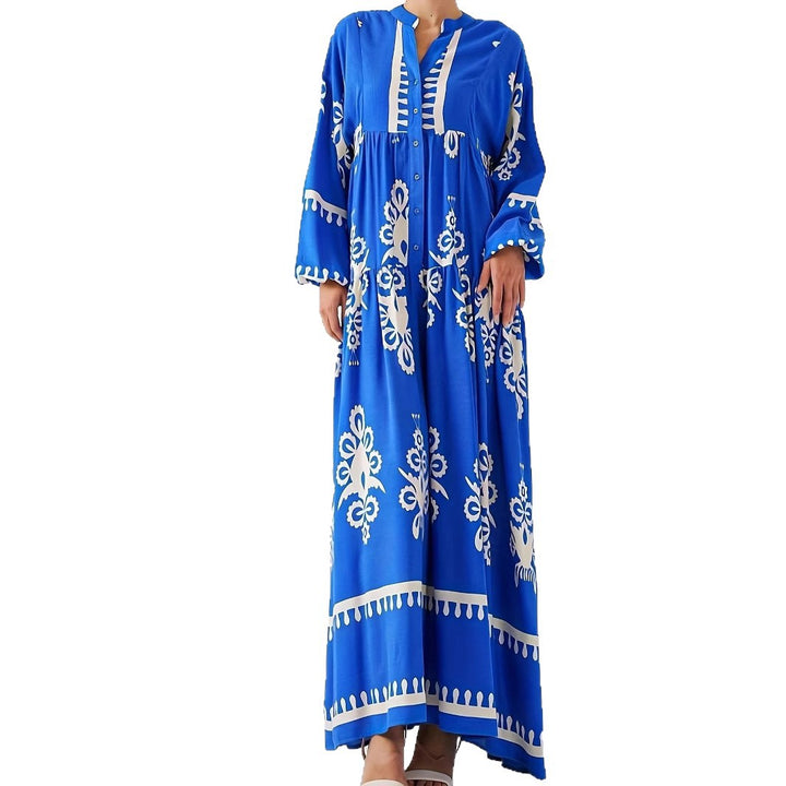 Long kaftan dress for women with floral accents and buttons Lune London