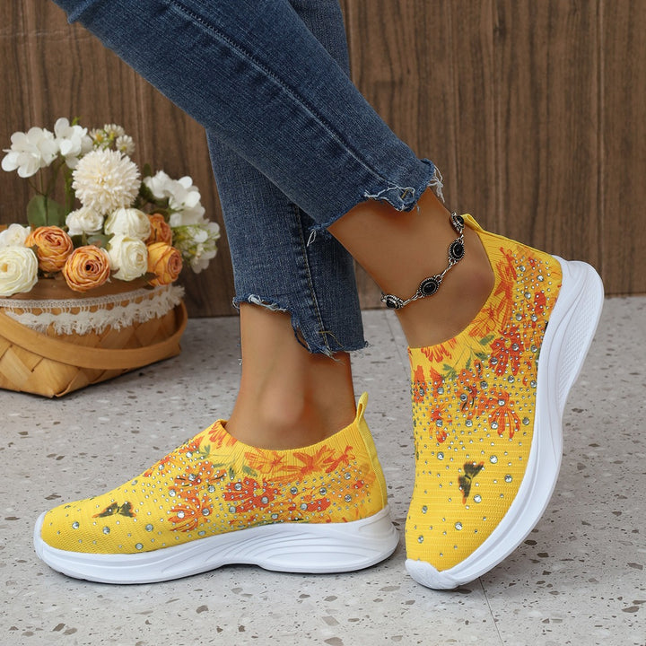 Women's Comfortable Slip-On Sneakers with Fashionable Floral Embroidery and Chic Rhinestone Details