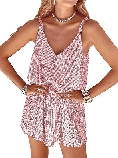 Women's Shimmering Jumpsuit with Deep V-Neck and Elastic Waist Lune London