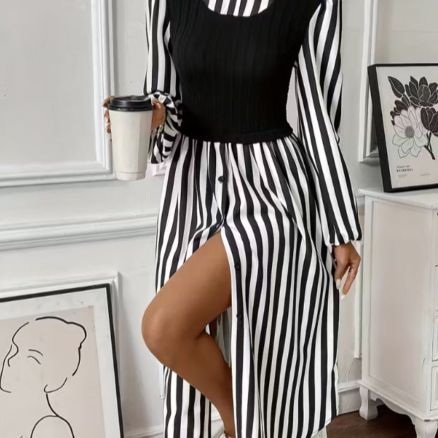 Robe rayée pour femmes avec haut ajusté et patte de boutonnage Chic & Stil
