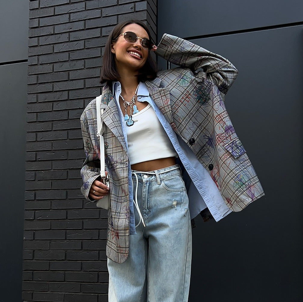 Ladies trendy plaid blazer with waist belt and relaxed fit Lune London