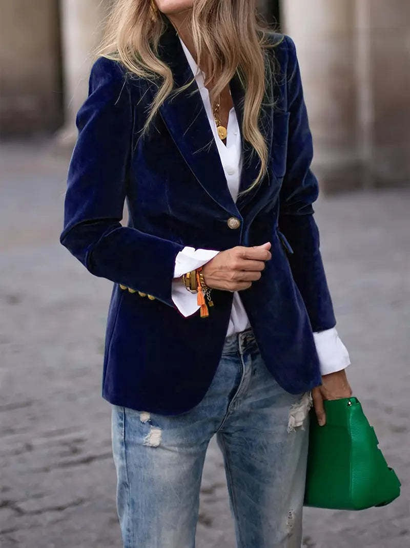 Blazer élégant en velours pour dames avec coupe cintrée et boutons dorés