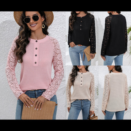 Long sleeve lace shirt for women with button details and textured front Lune London